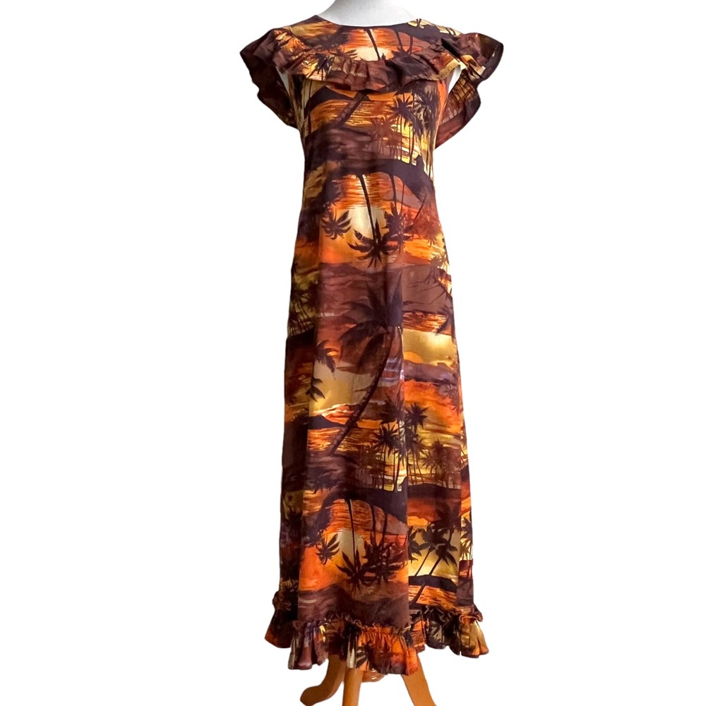 Vintage Autumnal Tiki Hawaiian Maxi Ruffled Sleeveless Handmade Dress